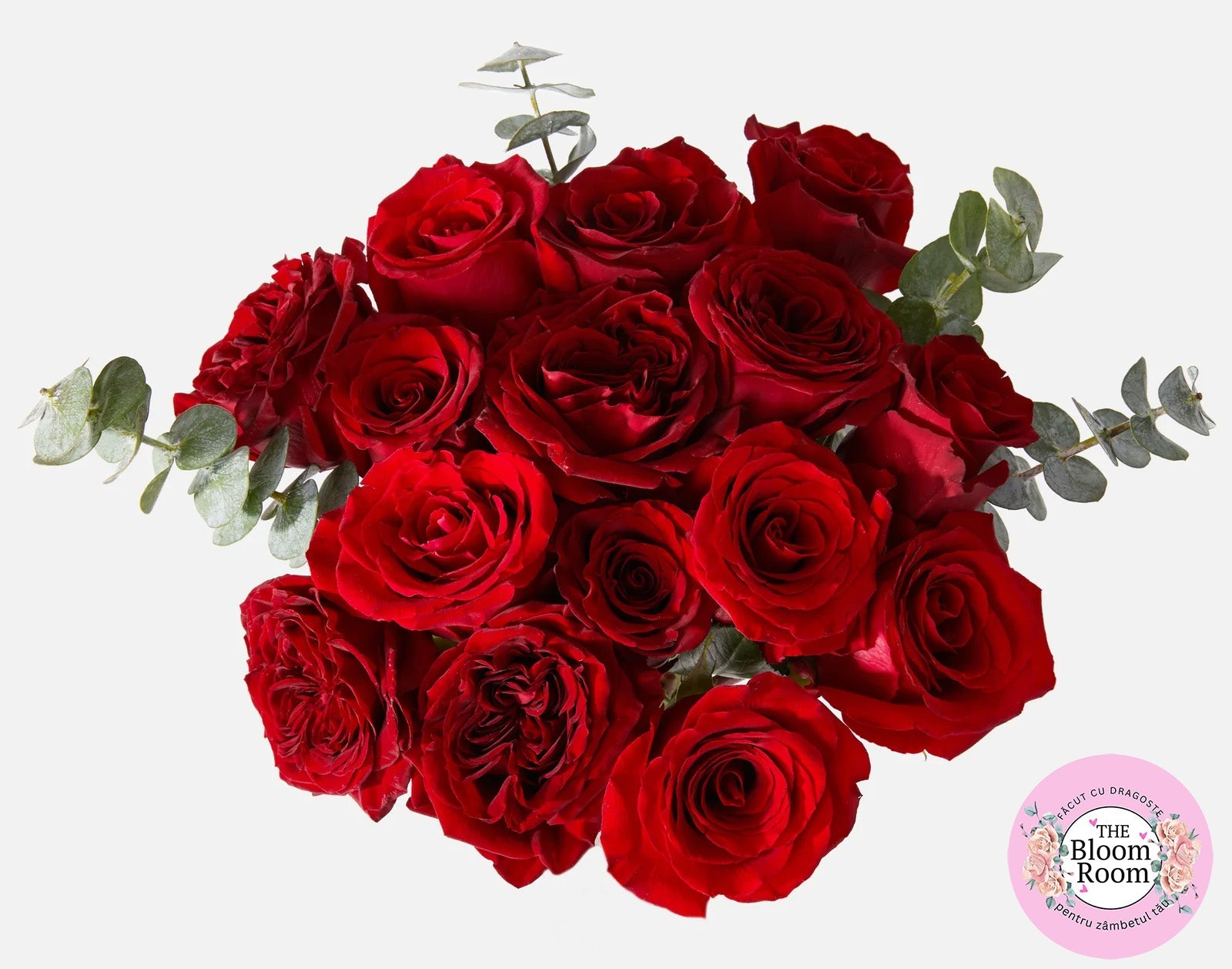 Buchete 15 Trandafiri Rosii de grădină, Eucaliptus Bucuresti